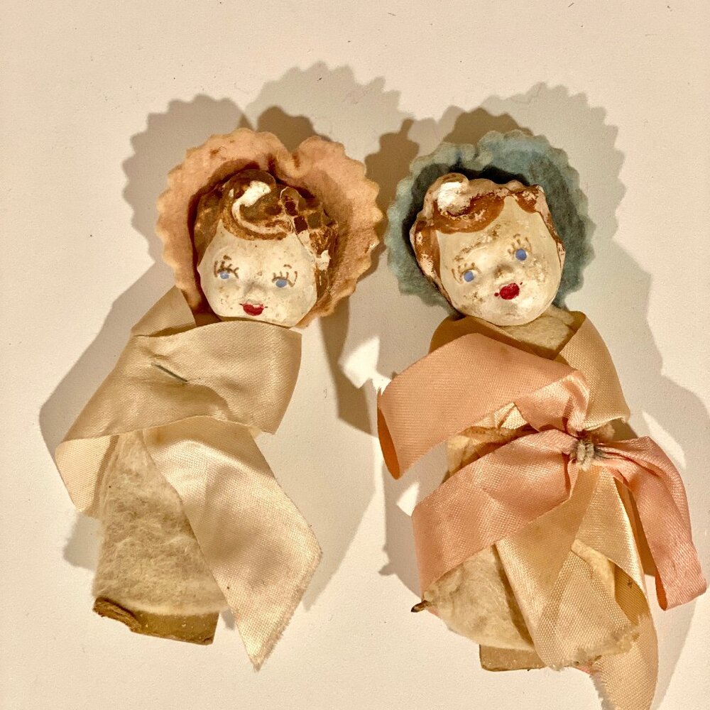 Vintage Set of 2 Baby Dolls - Painted Plaster Faces‎ & Ribbon/Felt Wrapped Bodie